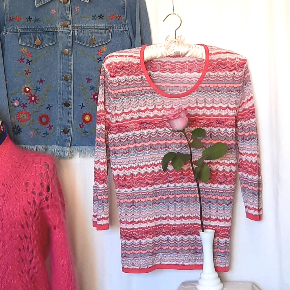 Colourful Silk Blend Knit Weave, Pullover, Scoop Neck, Long Sleeve